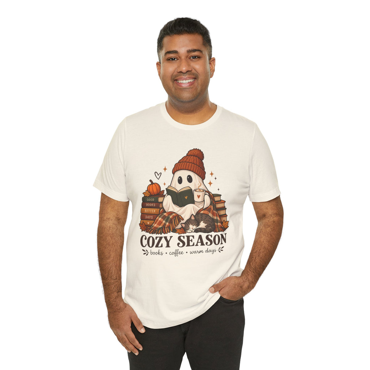 Cute Ghost with Books, Pumpkin & 'Cozy Season' Fall Shirt