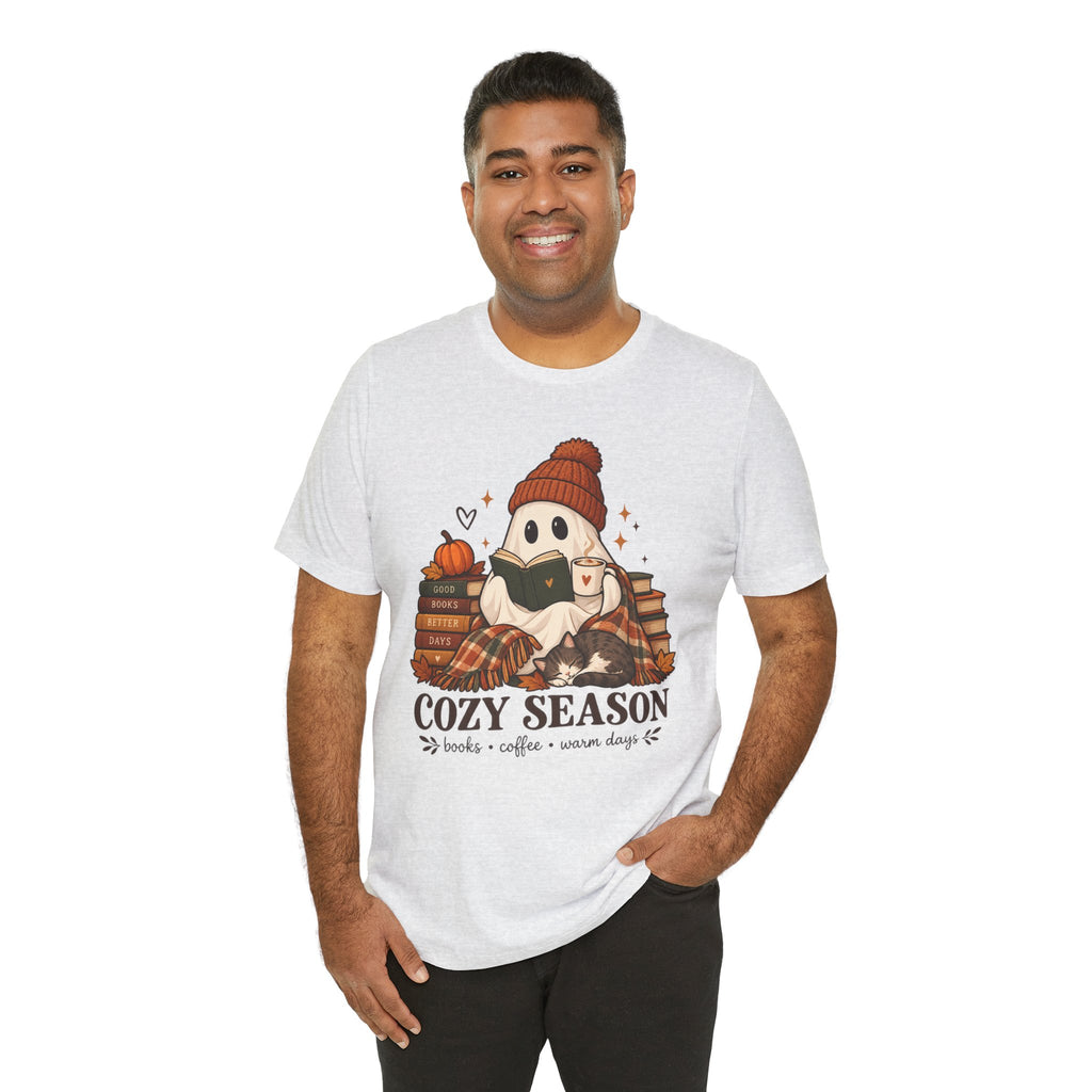 Cute Ghost with Books, Pumpkin & 'Cozy Season' Fall Shirt