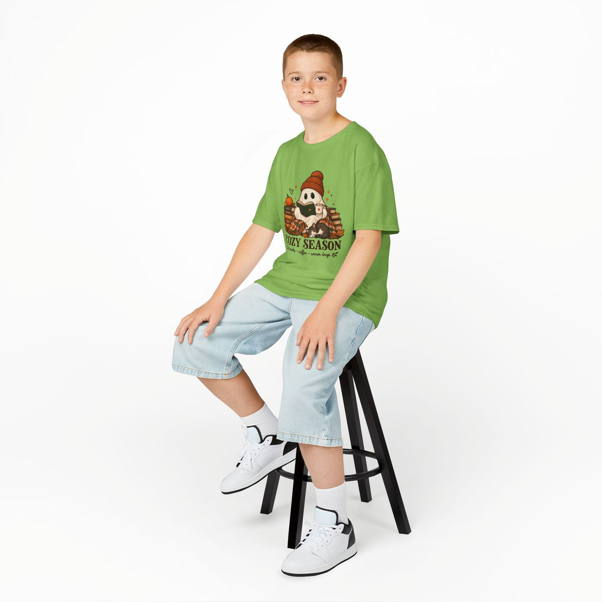 Kids Tee — "Cozy Season" Cute Ghost with Books & Pumpkin Fall Shirt