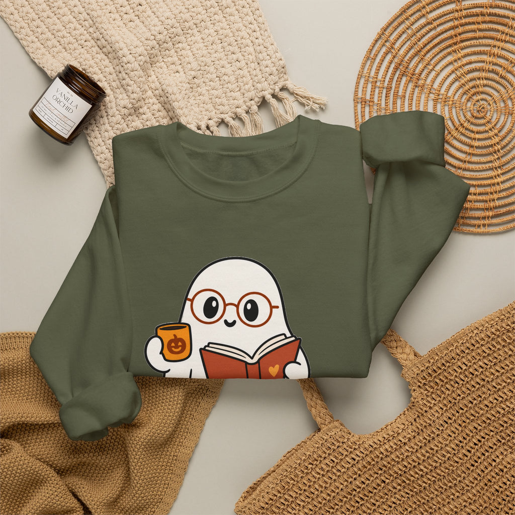 Ghost Reader Sweatshirt — Cute Bookworm Ghost on Stacked Books with Coffee