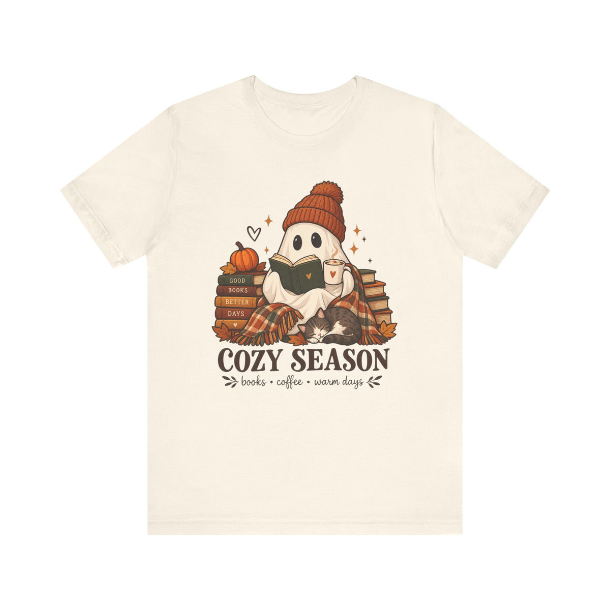 Cute Ghost with Books, Pumpkin & 'Cozy Season' Fall Shirt