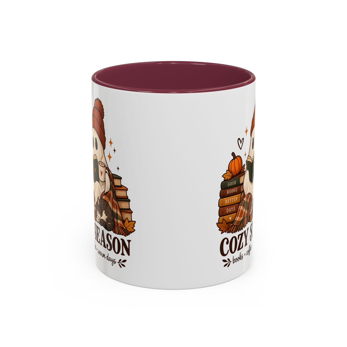 Cozy Season Ghost Accent Mug — Reading Ghost with Cat 11oz/15oz