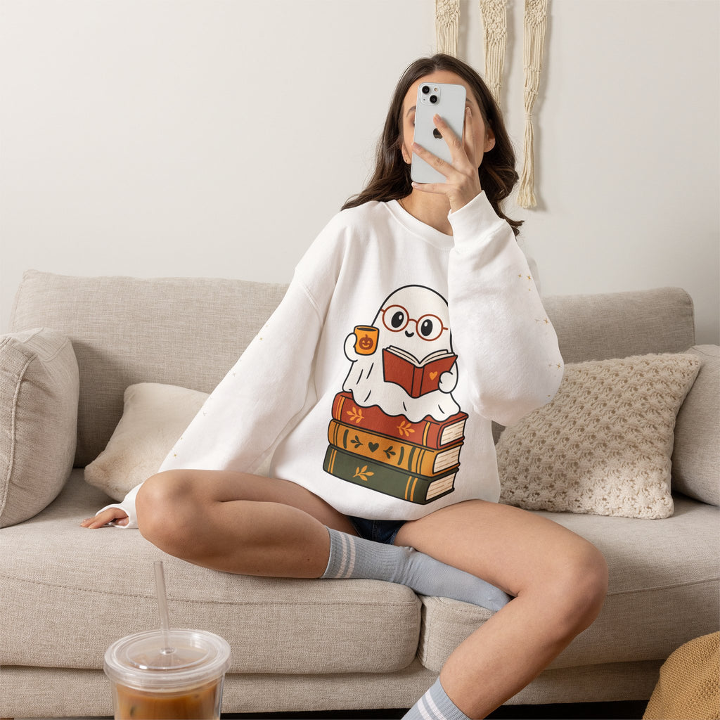 Ghost Reader Sweatshirt — Cute Bookworm Ghost on Stacked Books with Coffee