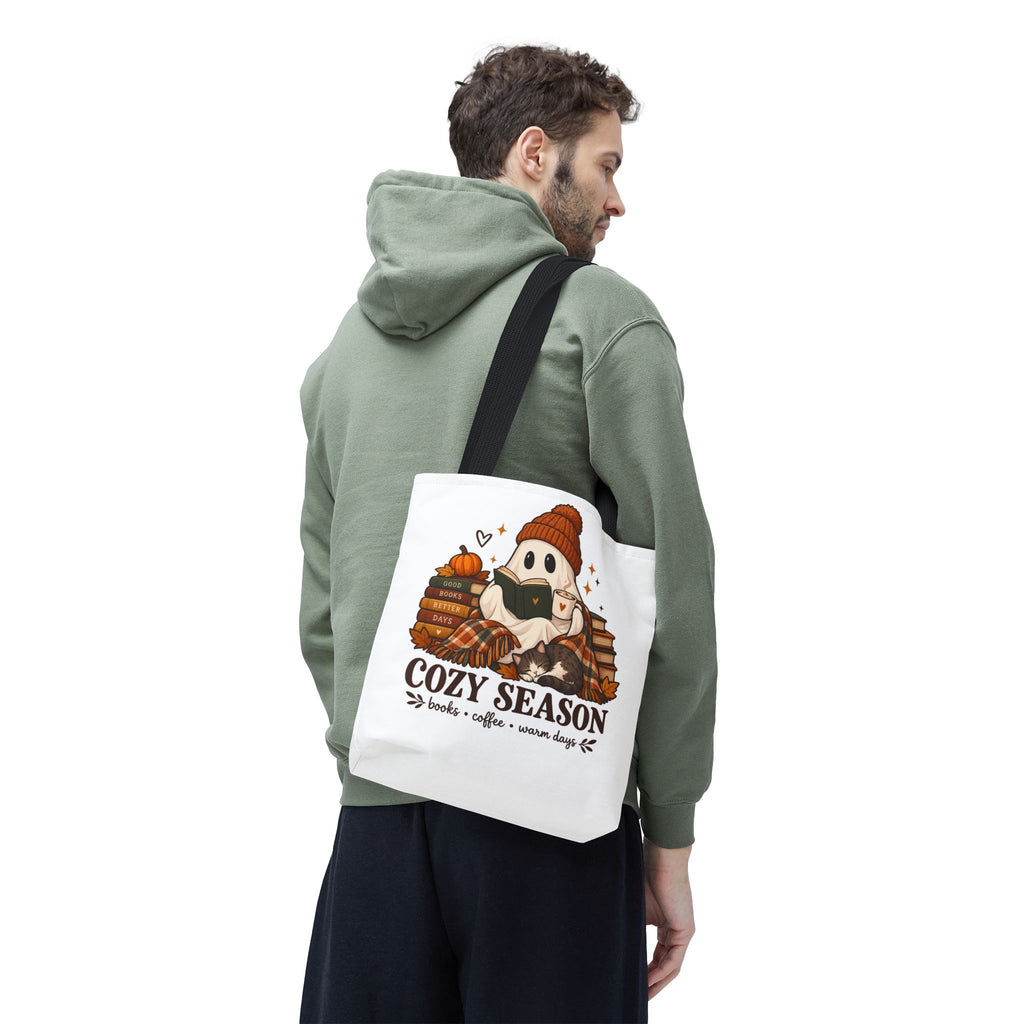 Cozy Season Tote Bag – Autumn Ghost Reading with Books, Coffee & Warm Days