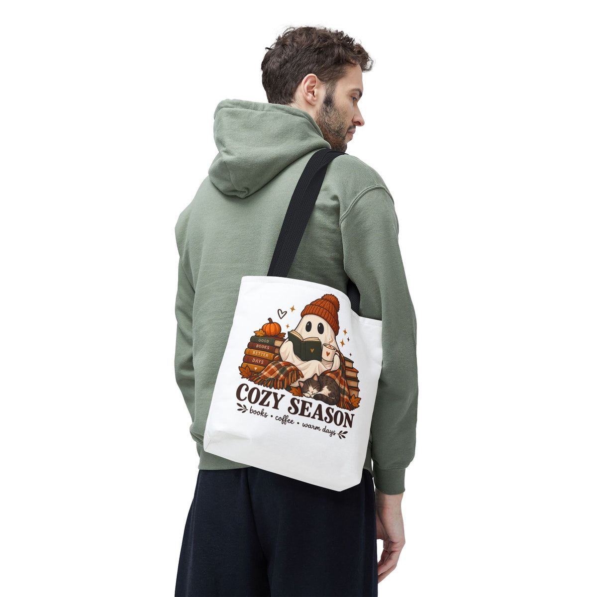 Cozy Season Tote Bag – Autumn Ghost Reading with Books, Coffee & Warm Days