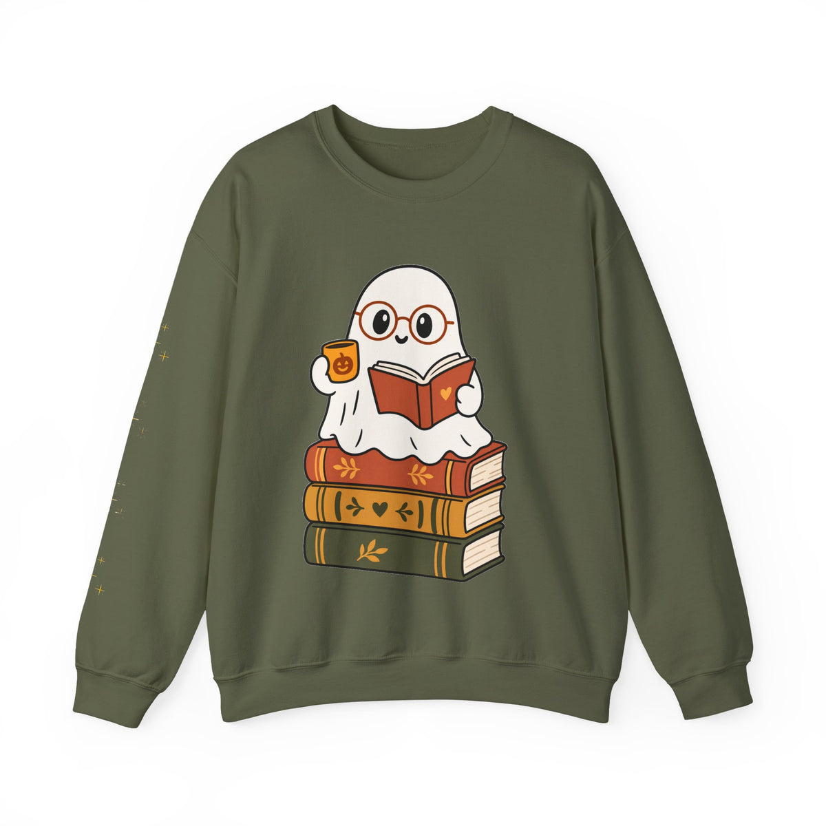 Ghost Reader Sweatshirt — Cute Bookworm Ghost on Stacked Books with Coffee