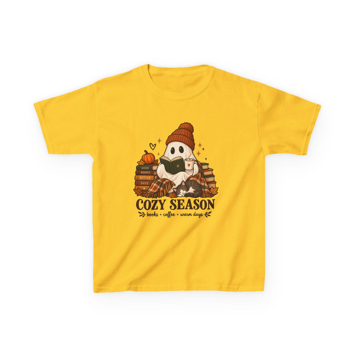 Kids Tee — "Cozy Season" Cute Ghost with Books & Pumpkin Fall Shirt