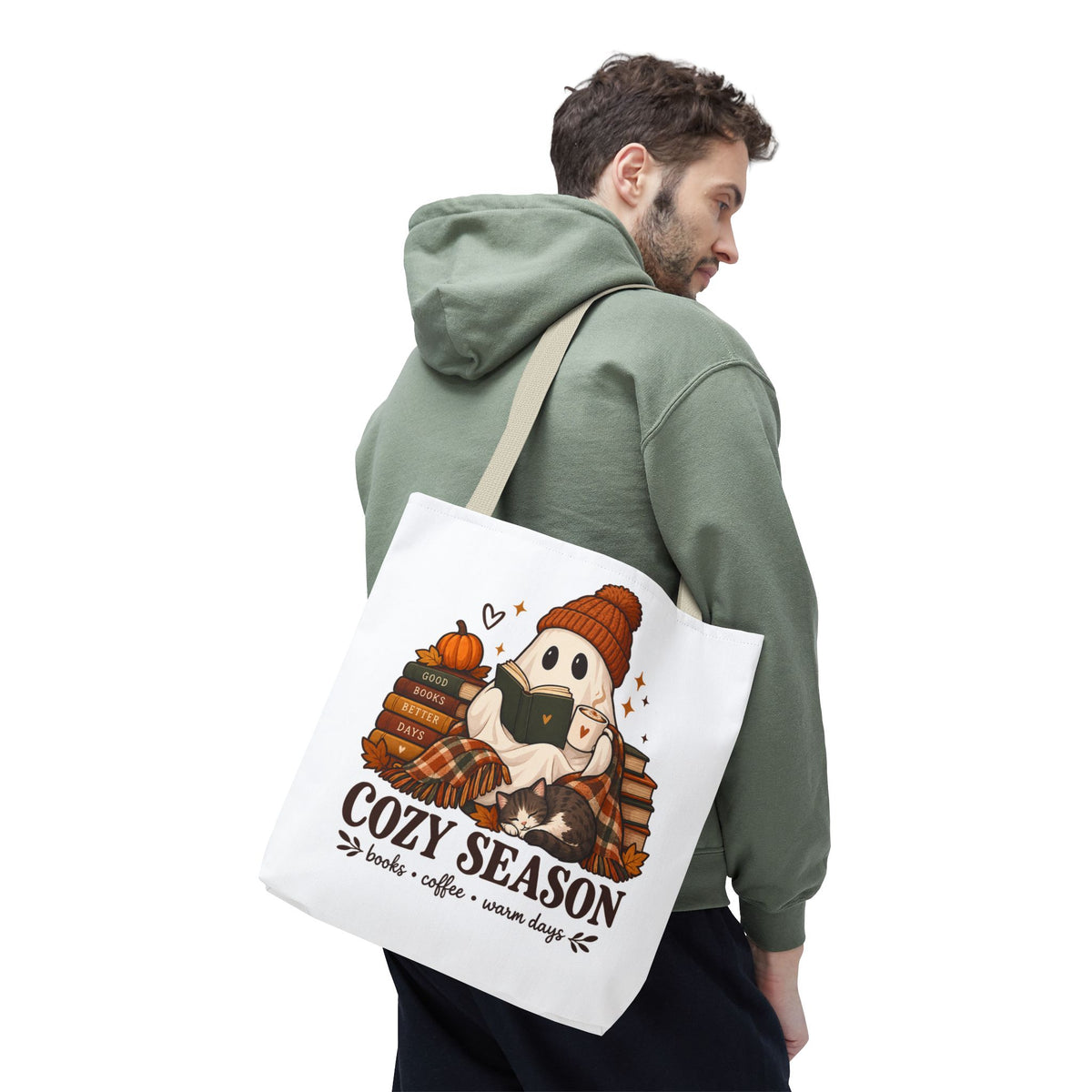Cozy Season Tote Bag – Autumn Ghost Reading with Books, Coffee & Warm Days