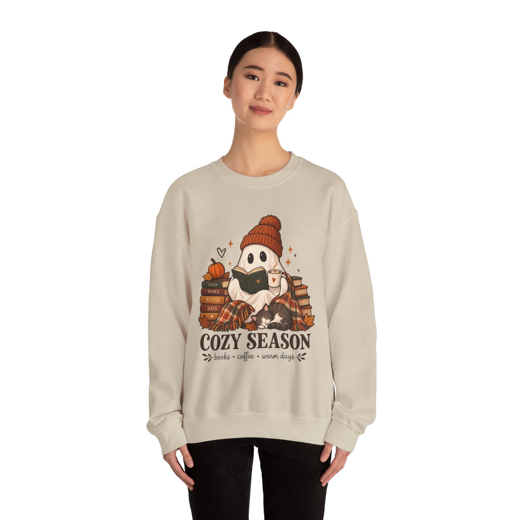 Cozy Season Sweatshirt — Cute Ghost with Books, Coffee & Warm Vibes