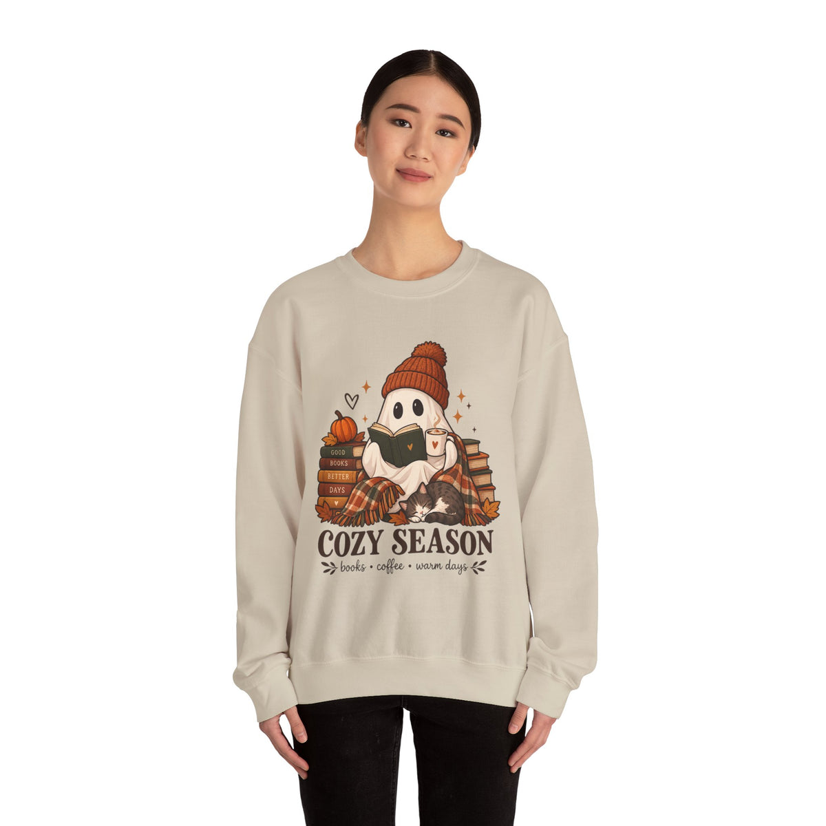 Cozy Season Sweatshirt — Cute Ghost with Books, Coffee & Warm Vibes