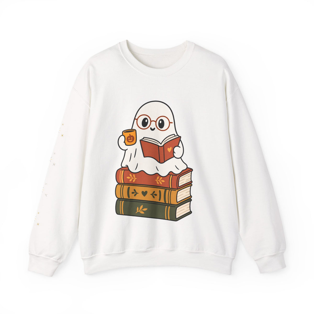 Ghost Reader Sweatshirt — Cute Bookworm Ghost on Stacked Books with Coffee