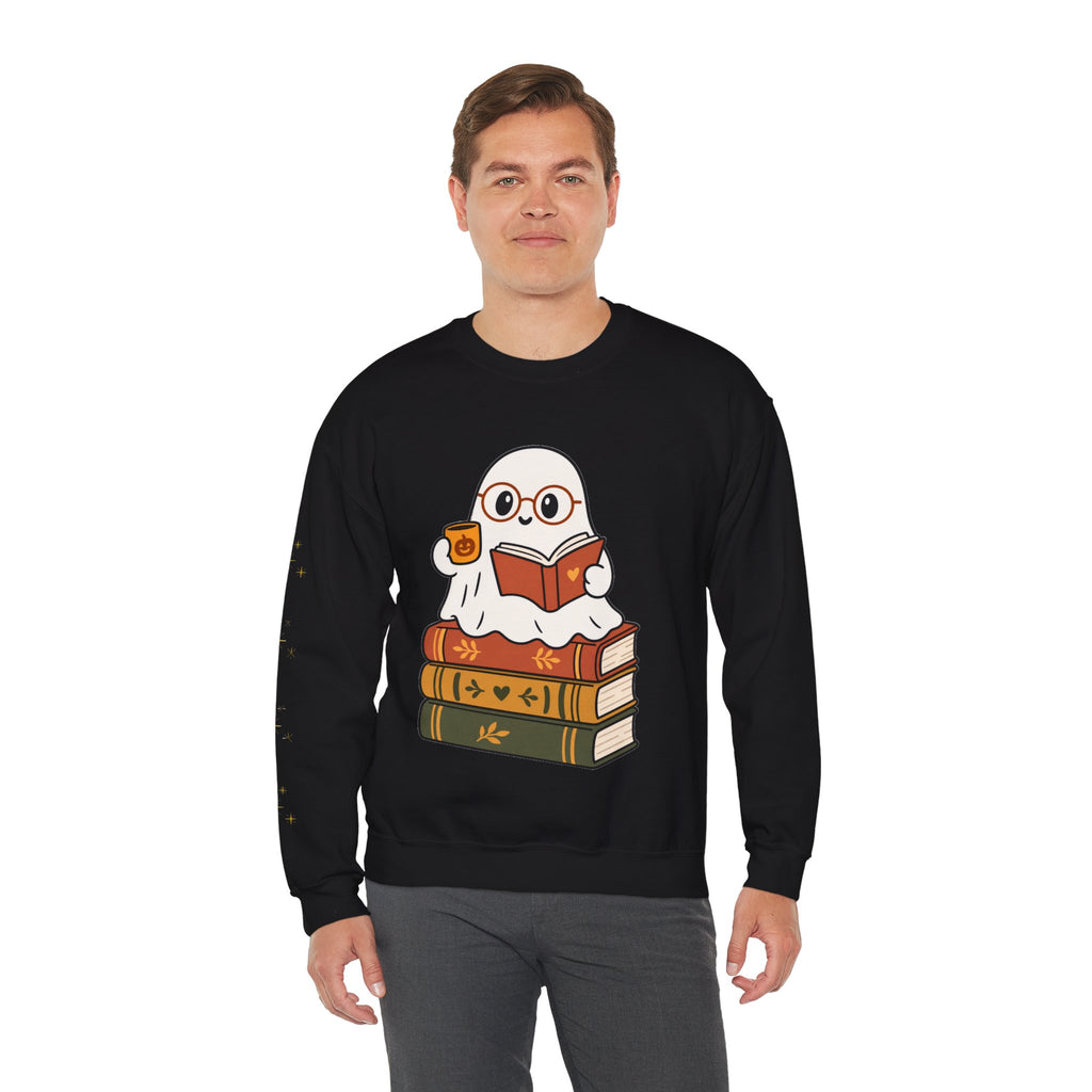 Ghost Reader Sweatshirt — Cute Bookworm Ghost on Stacked Books with Coffee