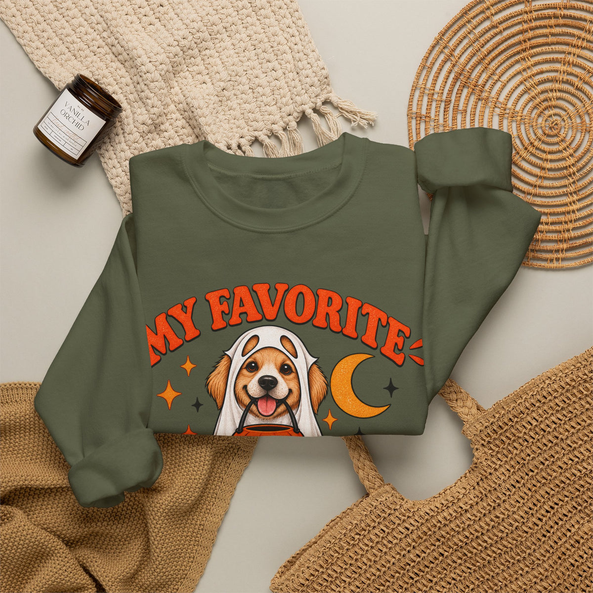Get into the cozy, spooky spirit with our 'My Dog Is My Favorite Boo' Crewneck Sweatshirt!