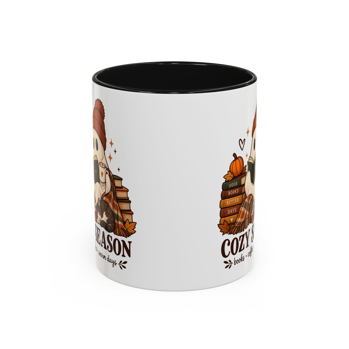 Cozy Season Ghost Accent Mug — Reading Ghost with Cat 11oz/15oz