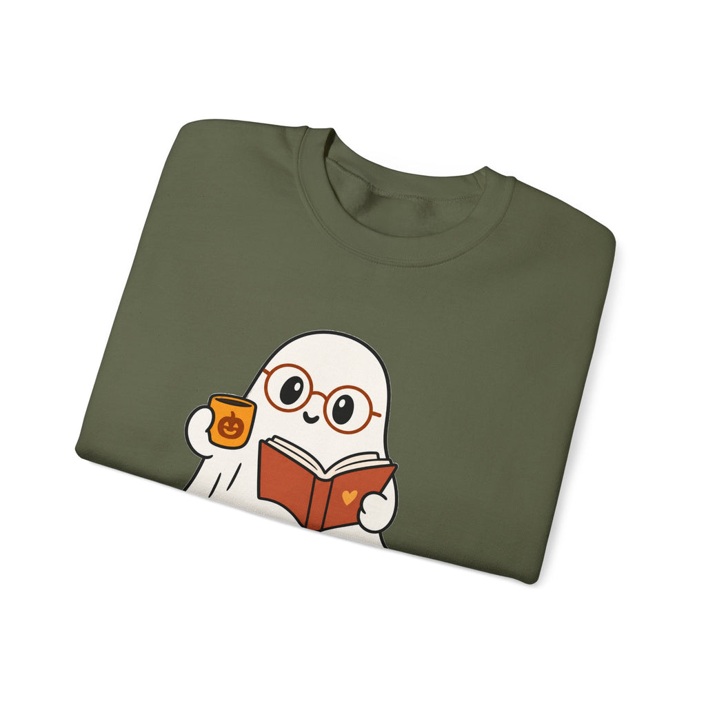Ghost Reader Sweatshirt — Cute Bookworm Ghost on Stacked Books with Coffee