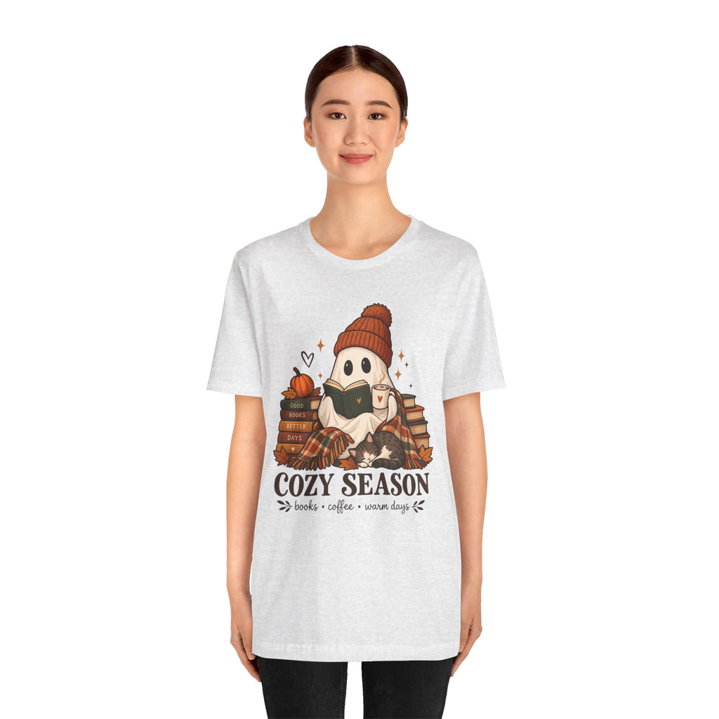 Cute Ghost with Books, Pumpkin & 'Cozy Season' Fall Shirt