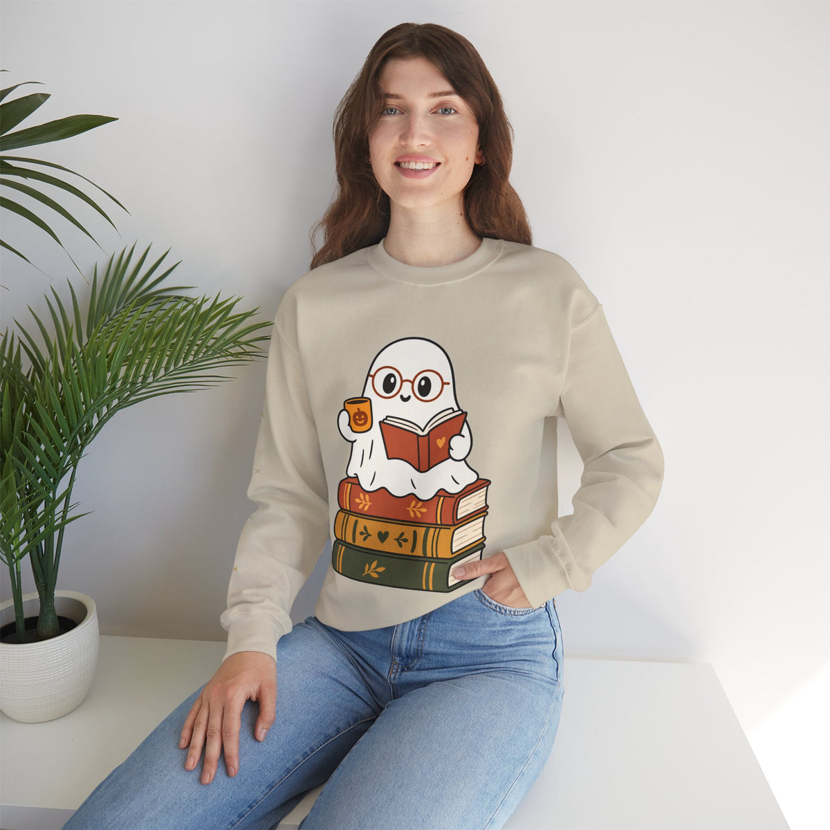 Ghost Reader Sweatshirt — Cute Bookworm Ghost on Stacked Books with Coffee