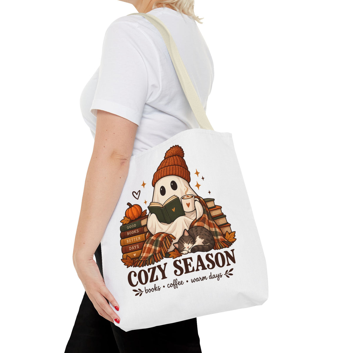 Cozy Season Tote Bag – Autumn Ghost Reading with Books, Coffee & Warm Days