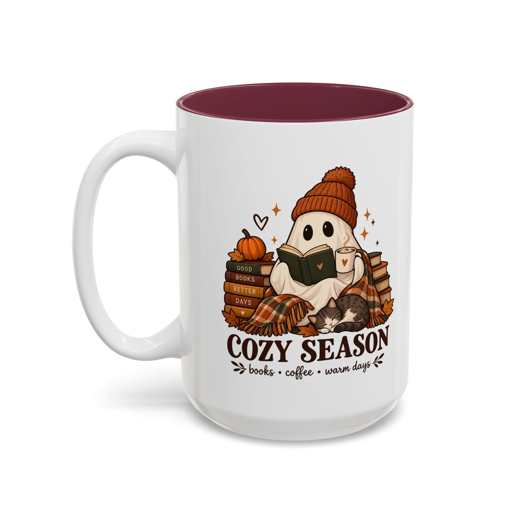 Cozy Season Ghost Accent Mug — Reading Ghost with Cat 11oz/15oz