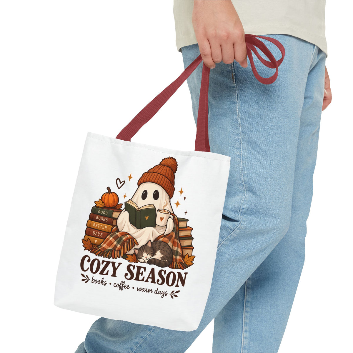 Cozy Season Tote Bag – Autumn Ghost Reading with Books, Coffee & Warm Days