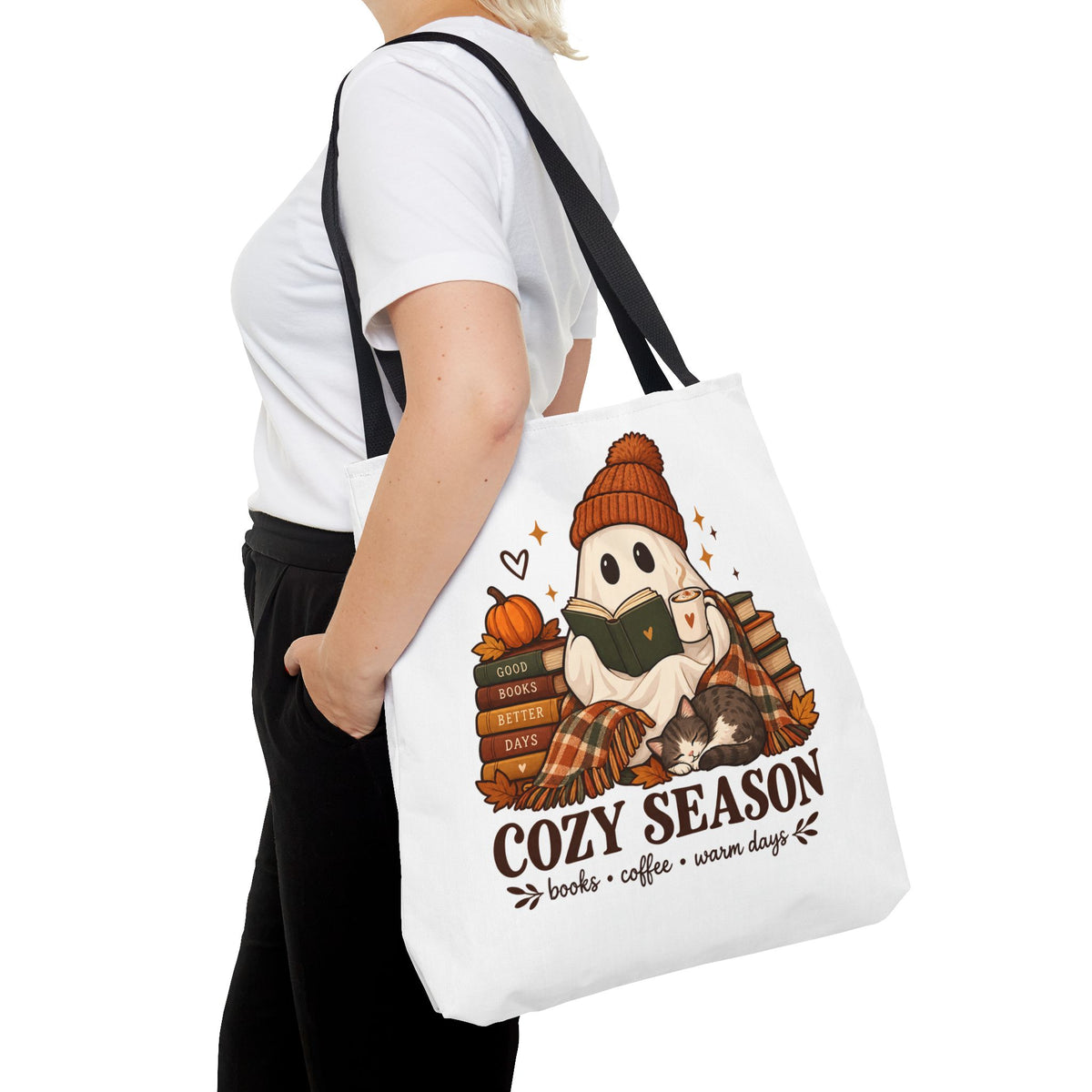 Cozy Season Tote Bag – Autumn Ghost Reading with Books, Coffee & Warm Days