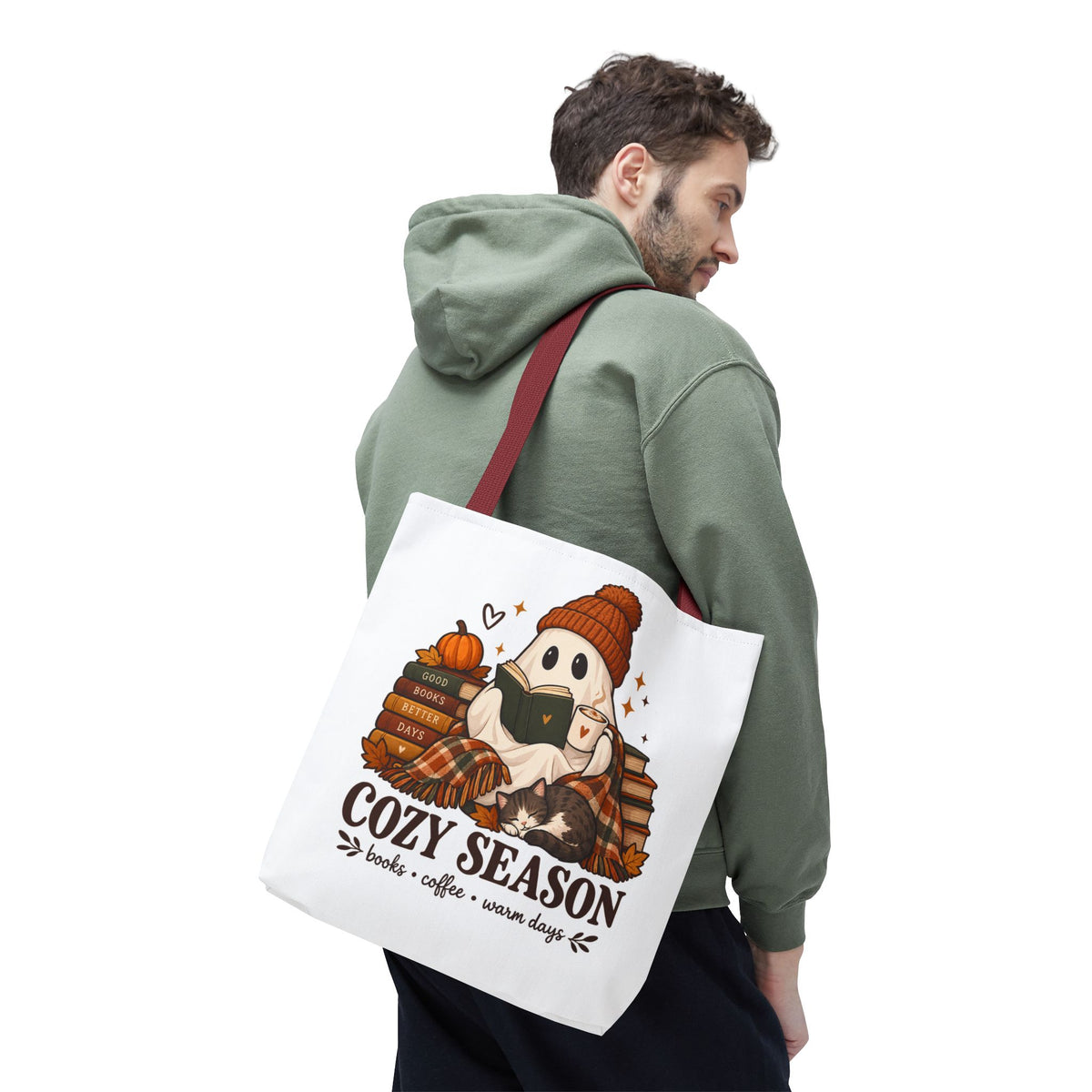 Cozy Season Tote Bag – Autumn Ghost Reading with Books, Coffee & Warm Days
