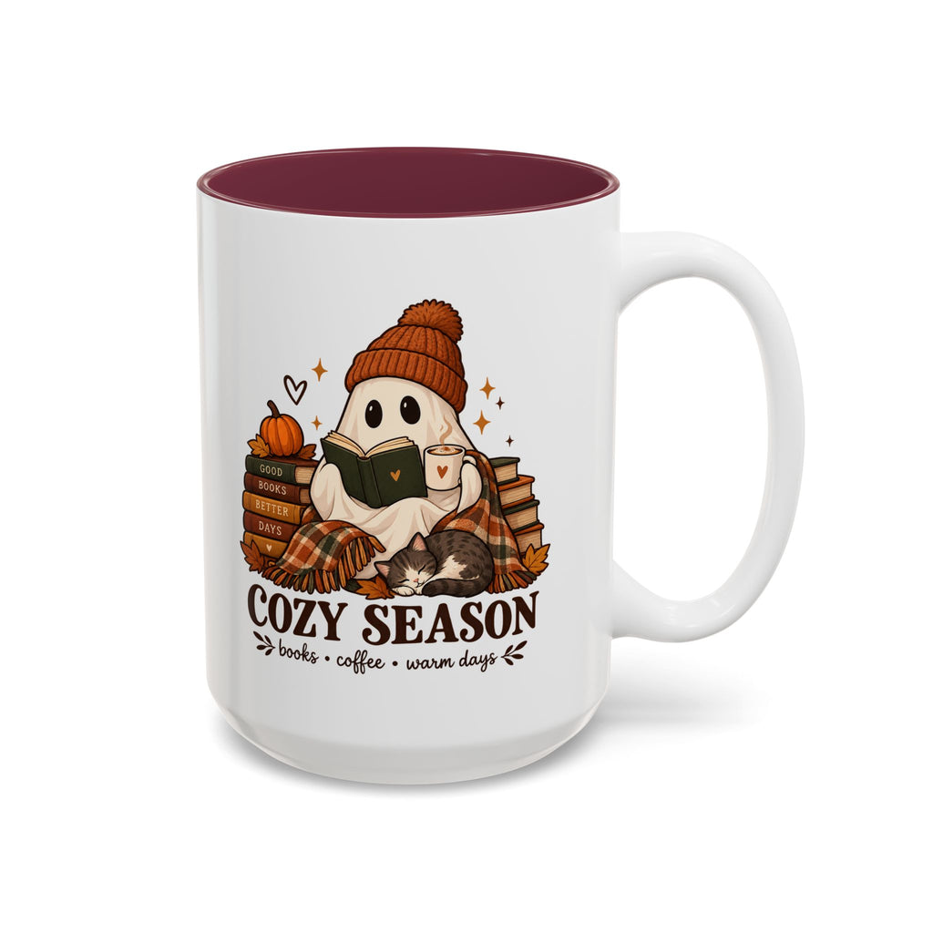 Cozy Season Ghost Accent Mug — Reading Ghost with Cat 11oz/15oz