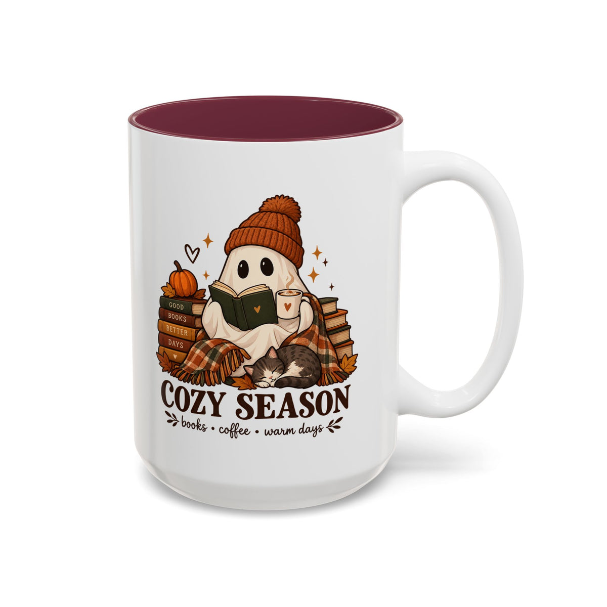 Cozy Season Ghost Accent Mug — Reading Ghost with Cat 11oz/15oz