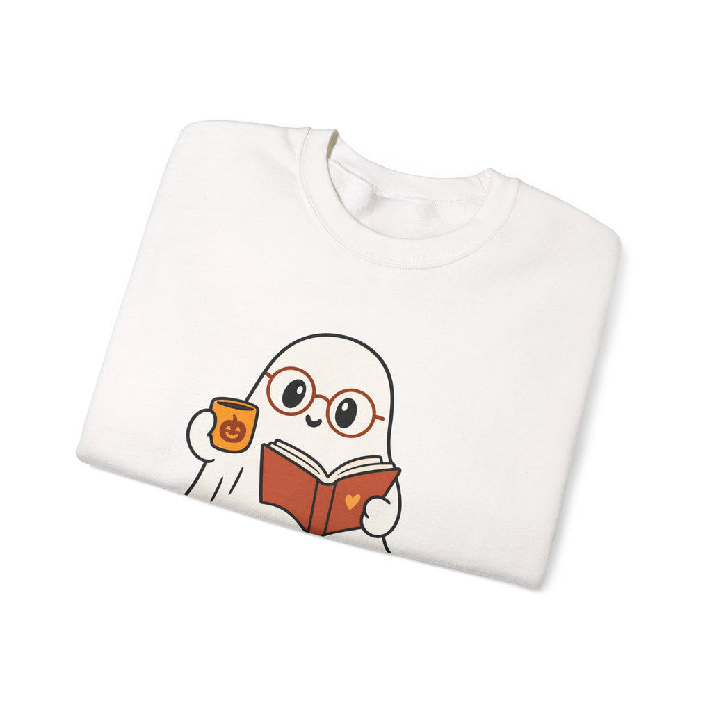 Ghost Reader Sweatshirt — Cute Bookworm Ghost on Stacked Books with Coffee