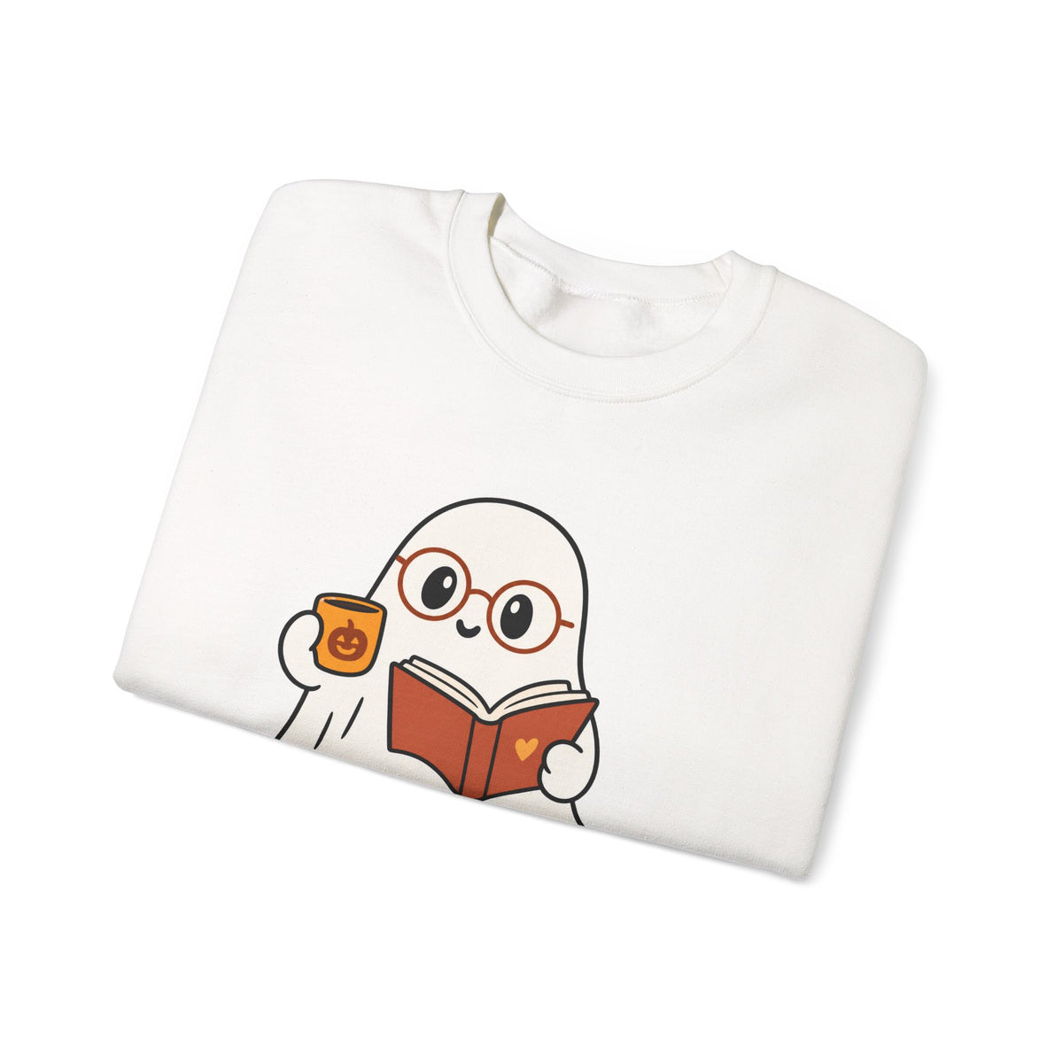 Ghost Reader Sweatshirt — Cute Bookworm Ghost on Stacked Books with Coffee