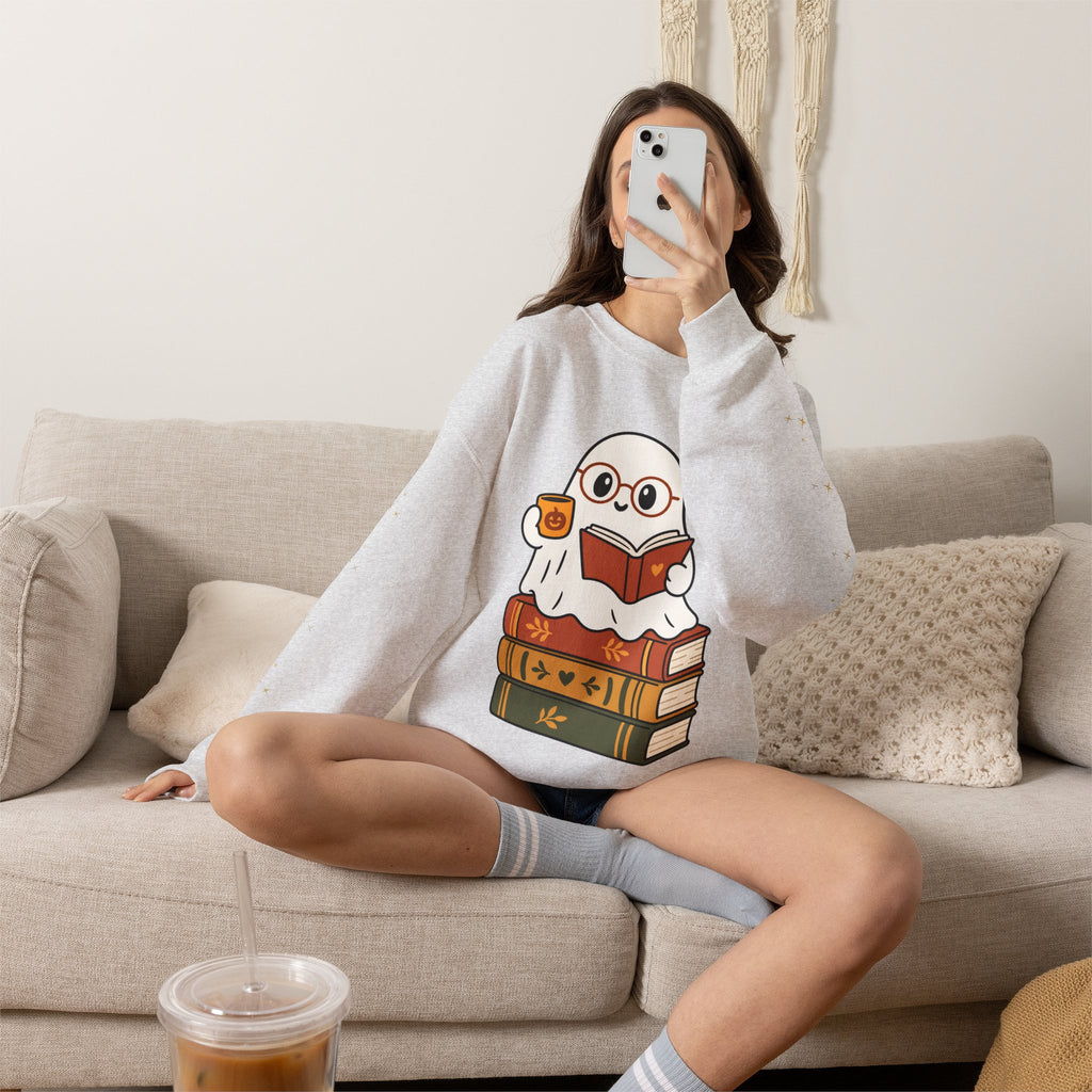 Ghost Reader Sweatshirt — Cute Bookworm Ghost on Stacked Books with Coffee