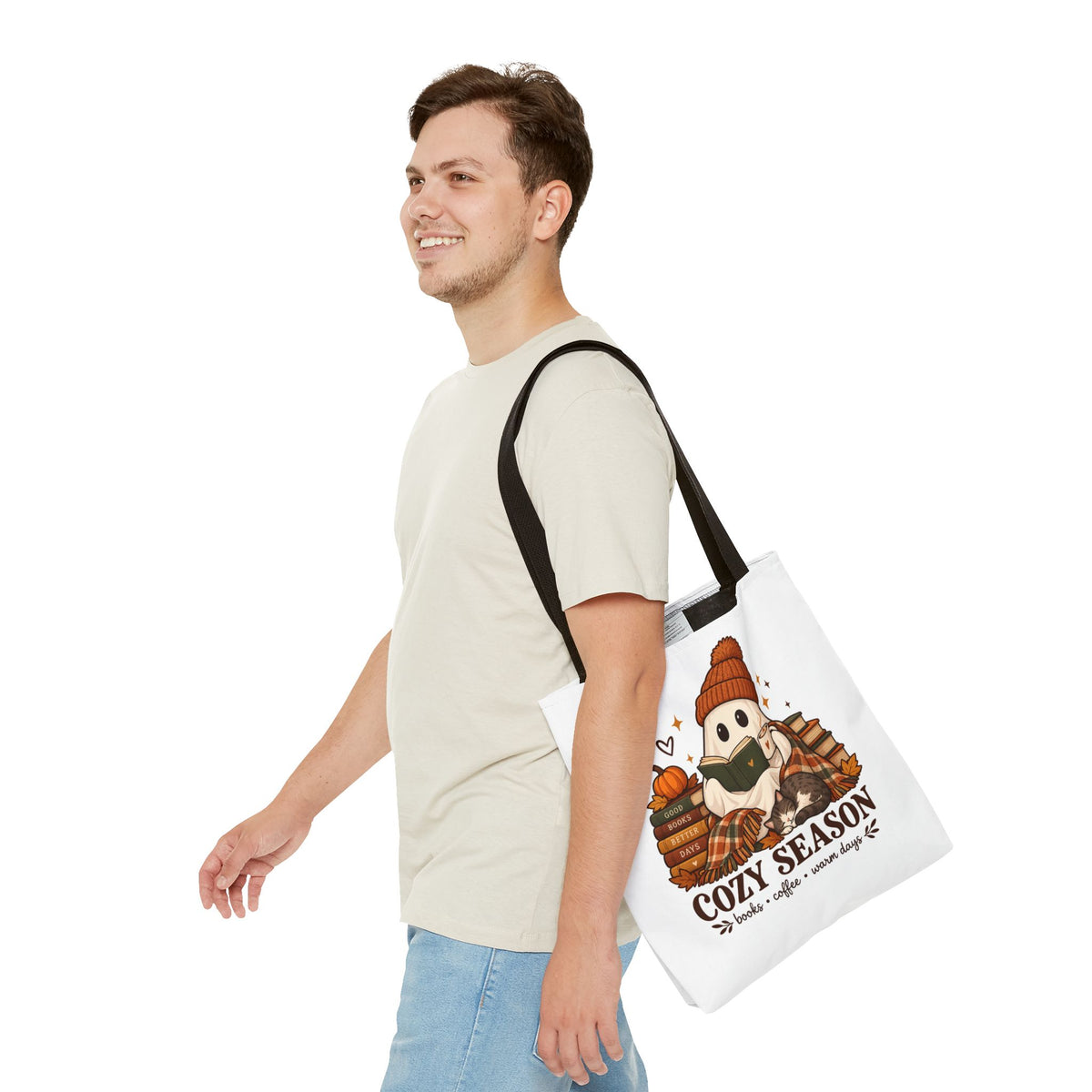 Cozy Season Tote Bag – Autumn Ghost Reading with Books, Coffee & Warm Days