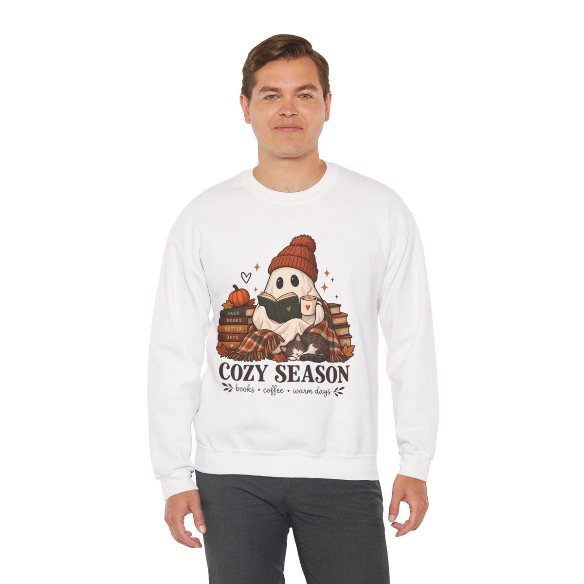 Cozy Season Sweatshirt — Cute Ghost with Books, Coffee & Warm Vibes