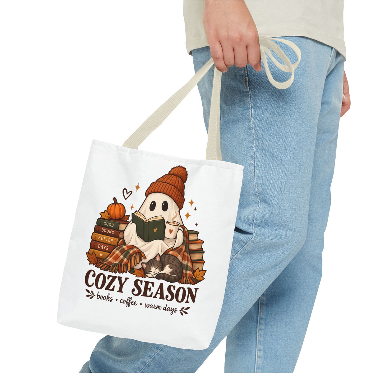 Cozy Season Tote Bag – Autumn Ghost Reading with Books, Coffee & Warm Days