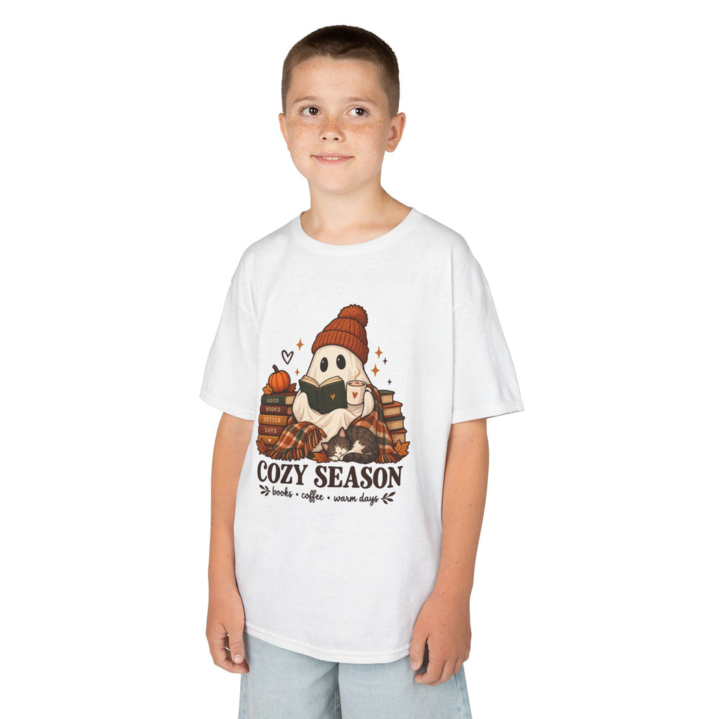 Kids Tee — "Cozy Season" Cute Ghost with Books & Pumpkin Fall Shirt