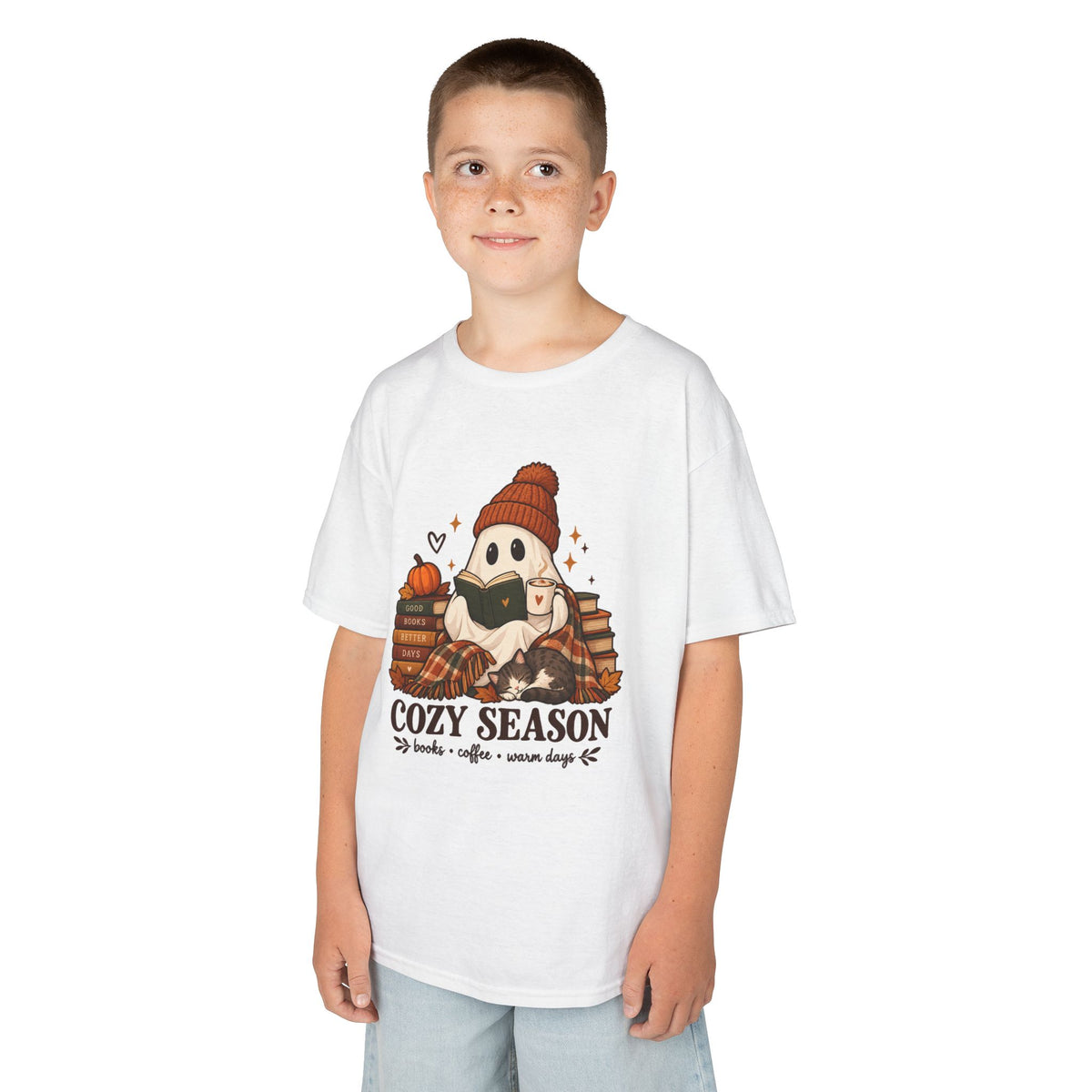 Kids Tee — "Cozy Season" Cute Ghost with Books & Pumpkin Fall Shirt