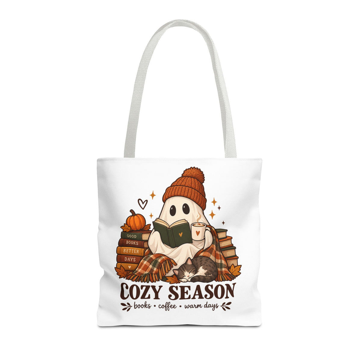 Cozy Season Tote Bag – Autumn Ghost Reading with Books, Coffee & Warm Days