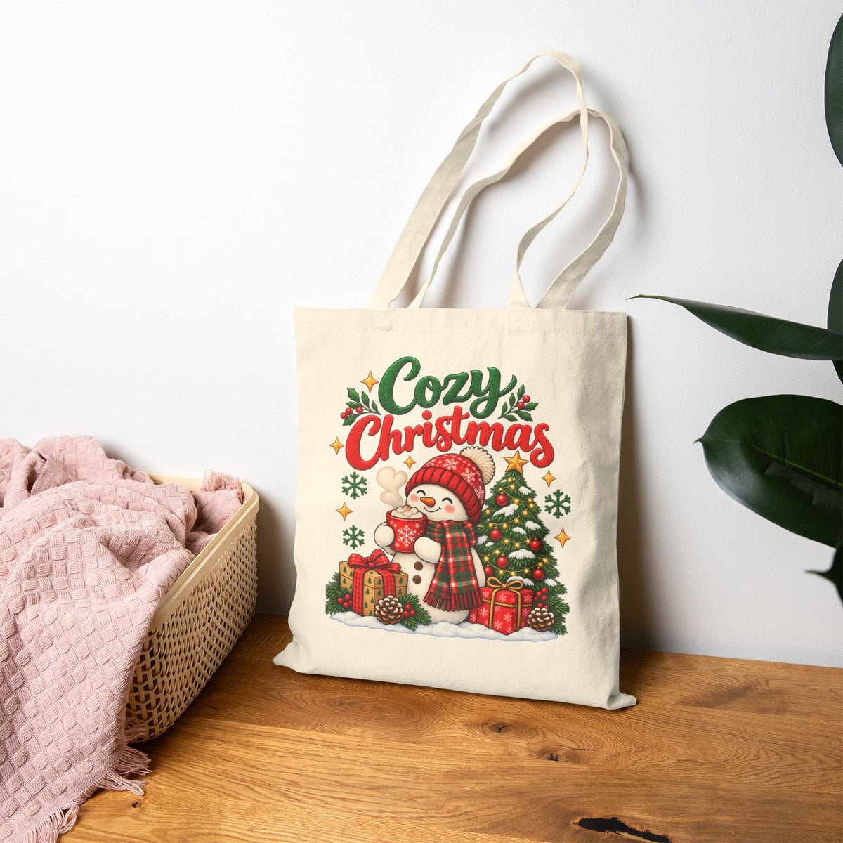 Cozy Christmas Snowman Tote Bag, Christmas Canvas Shopping Bag, Holiday Gift