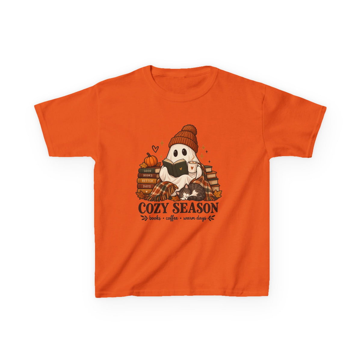 Kids Tee — "Cozy Season" Cute Ghost with Books & Pumpkin Fall Shirt