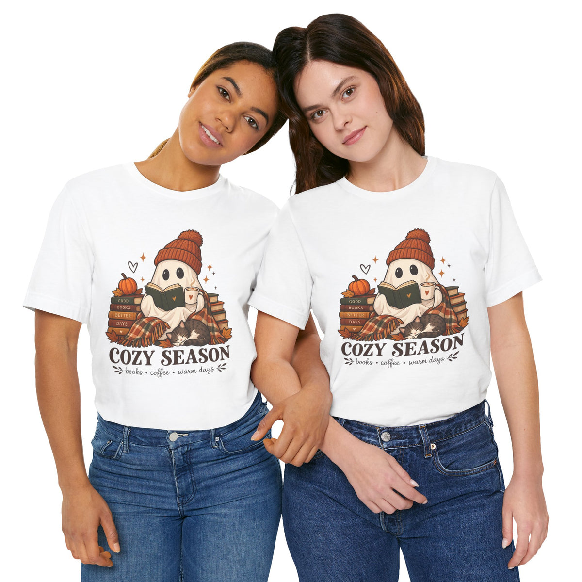 Cute Ghost with Books, Pumpkin & 'Cozy Season' Fall Shirt