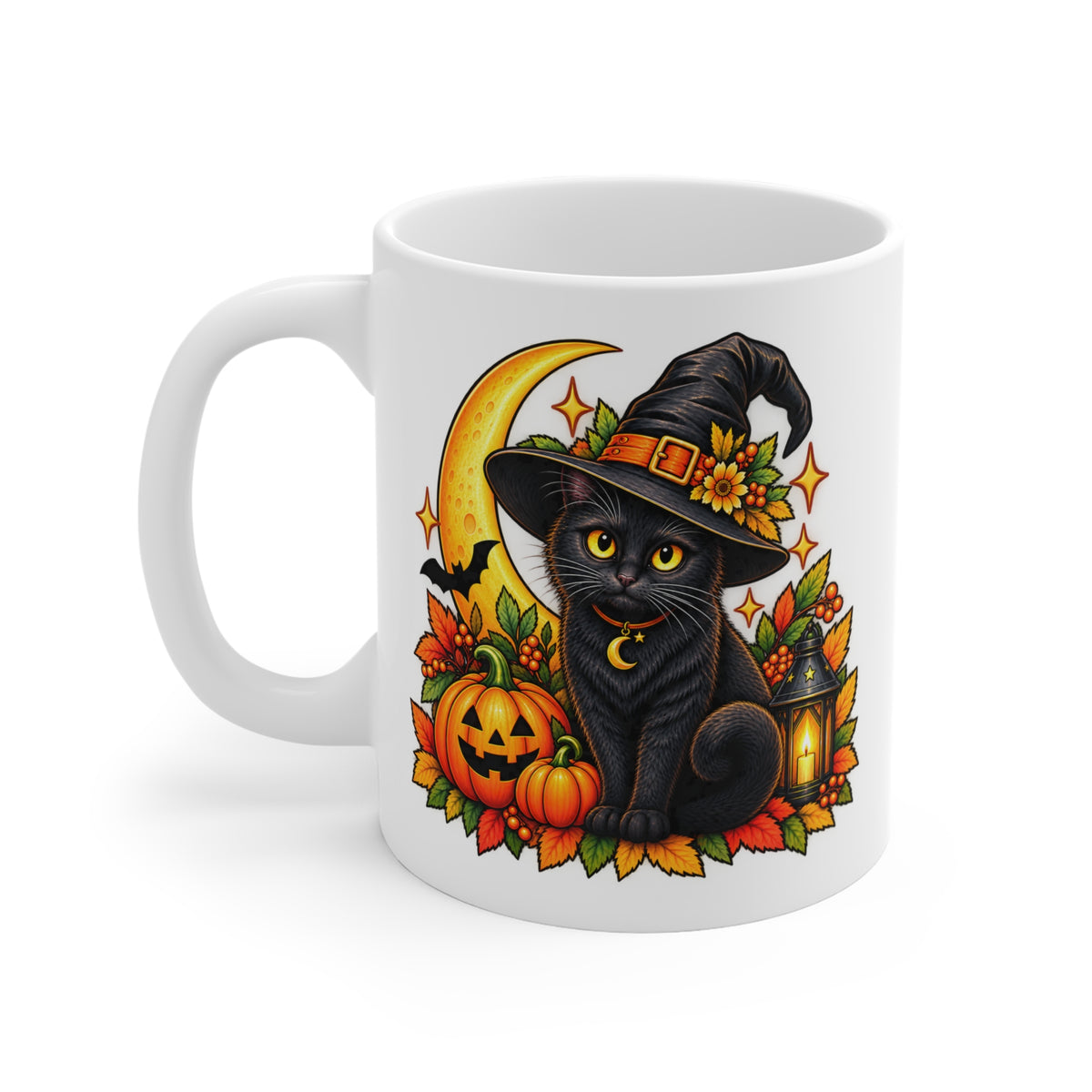 Witchy Halloween Cat Mug — Retro Spooky Moon Design