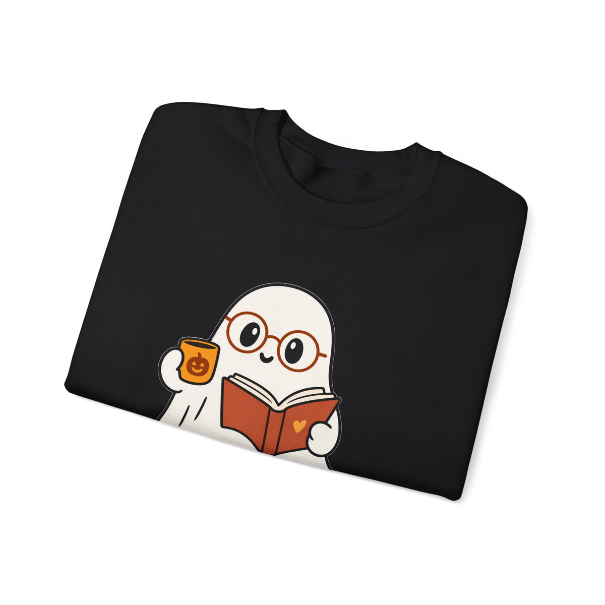 Ghost Reader Sweatshirt — Cute Bookworm Ghost on Stacked Books with Coffee