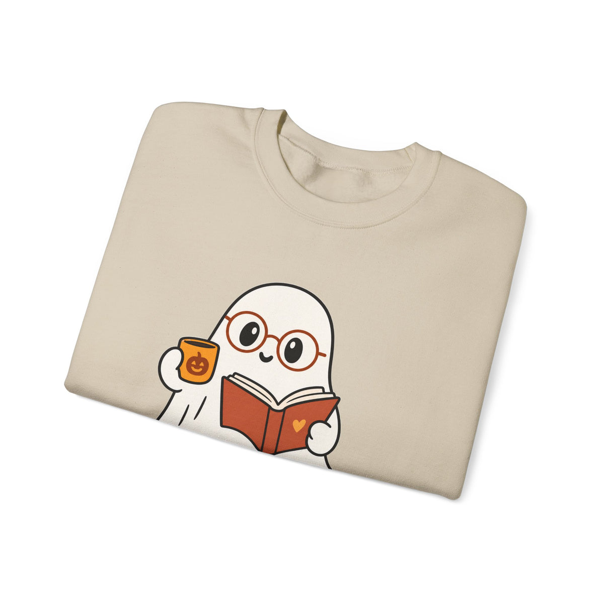 Ghost Reader Sweatshirt — Cute Bookworm Ghost on Stacked Books with Coffee