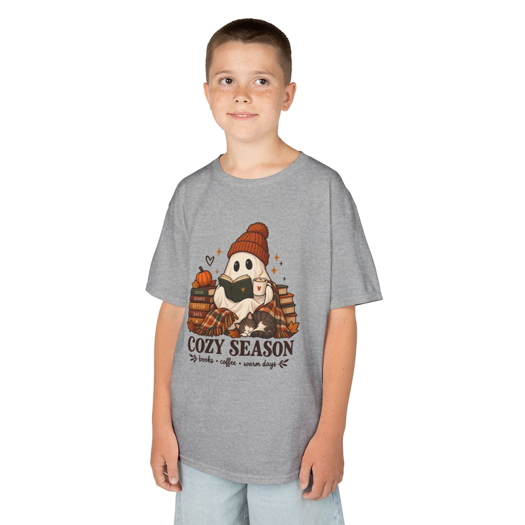 Kids Tee — "Cozy Season" Cute Ghost with Books & Pumpkin Fall Shirt