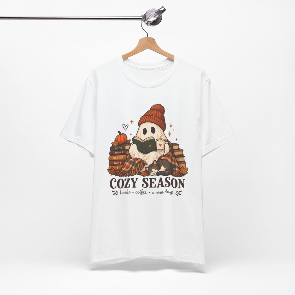 Cute Ghost with Books, Pumpkin & 'Cozy Season' Fall Shirt