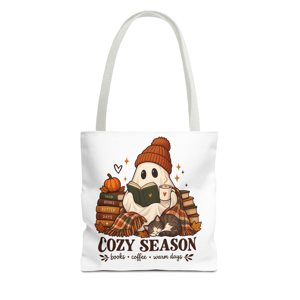 Cozy Season Tote Bag – Autumn Ghost Reading with Books, Coffee & Warm Days