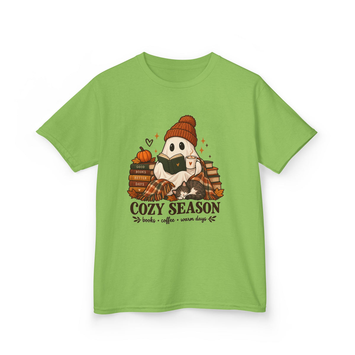 Kids Tee — "Cozy Season" Cute Ghost with Books & Pumpkin Fall Shirt