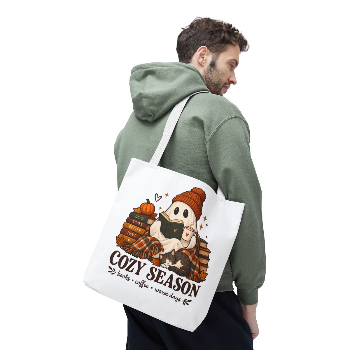 Cozy Season Tote Bag – Autumn Ghost Reading with Books, Coffee & Warm Days