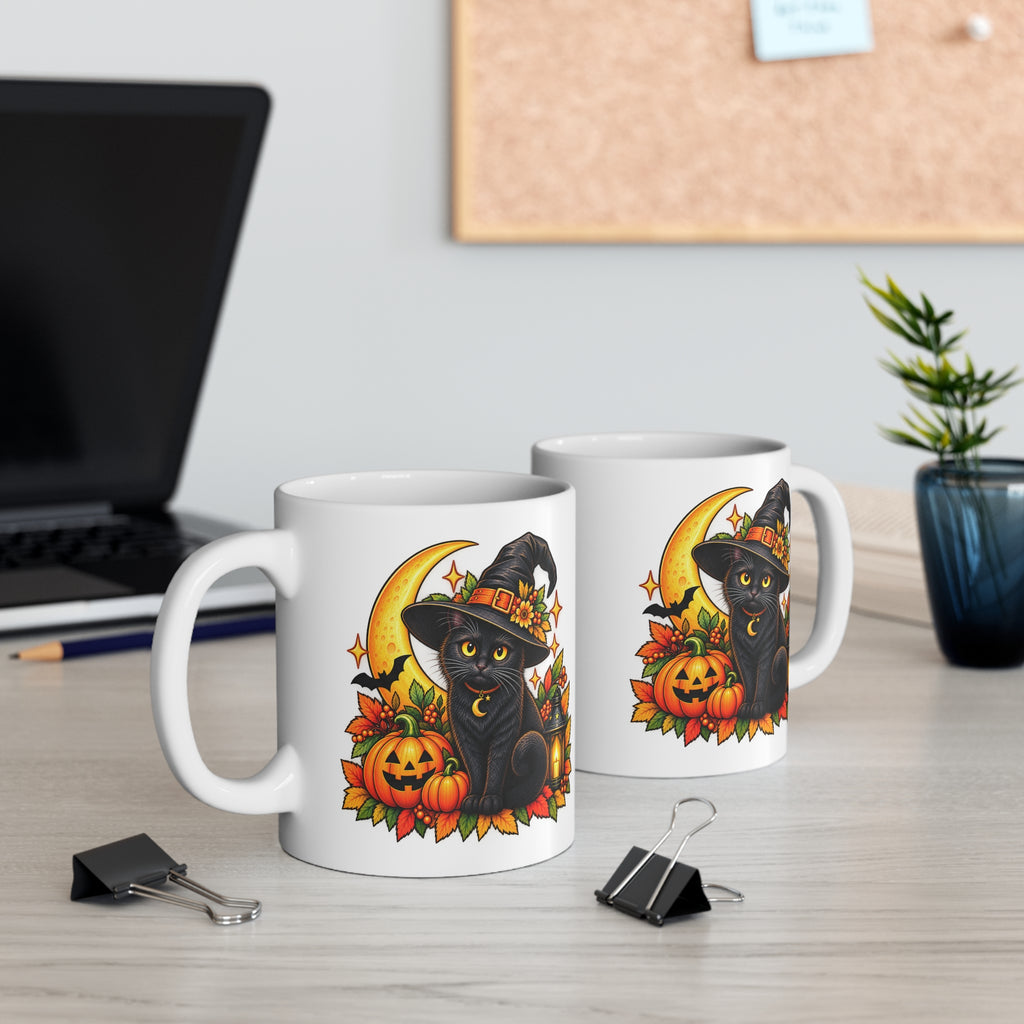 Witchy Halloween Cat Mug — Retro Spooky Moon Design