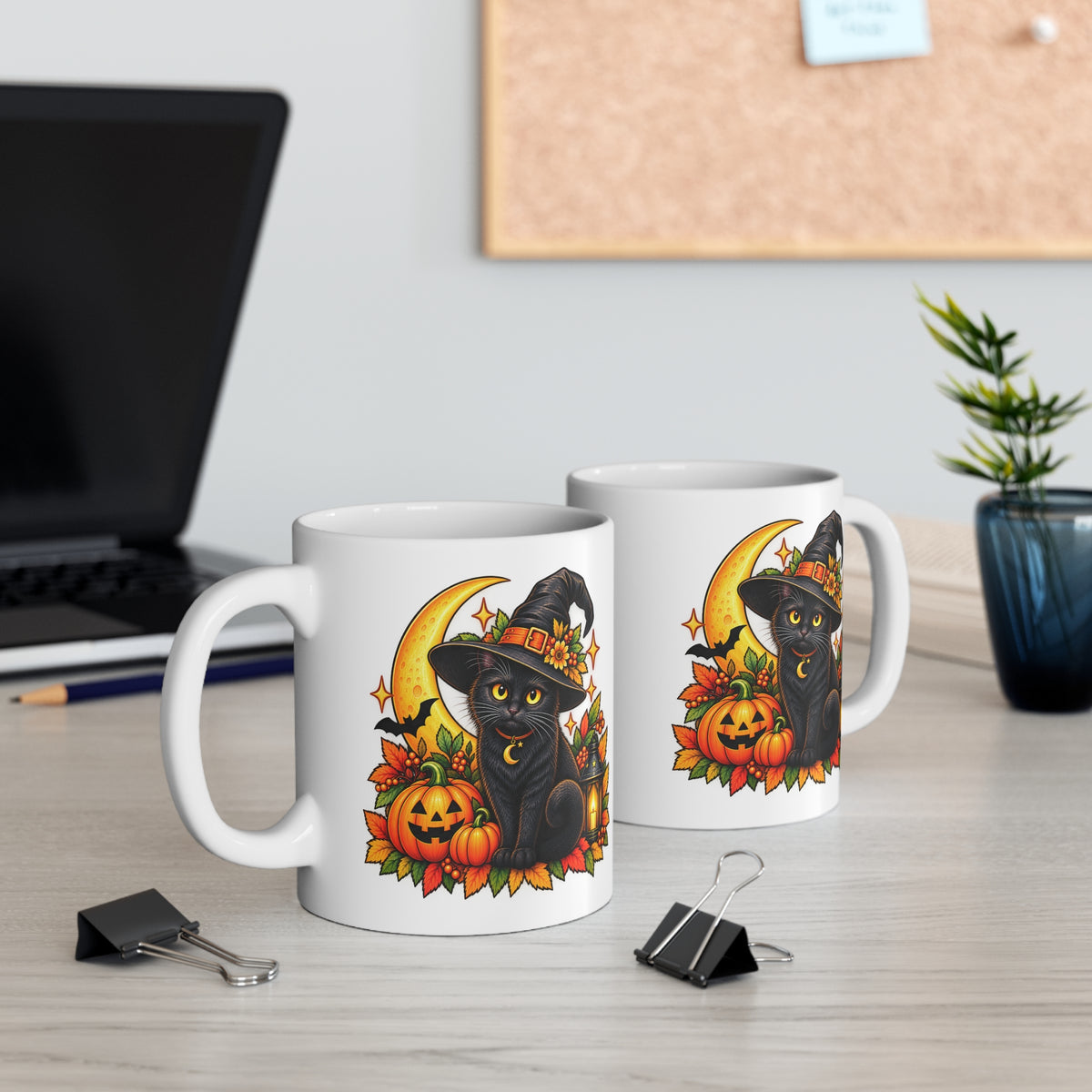 Witchy Halloween Cat Mug — Retro Spooky Moon Design
